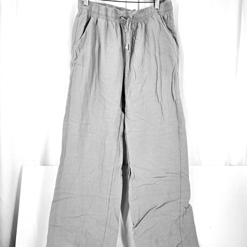Gray Wide Leg Drawstring Lounge Pants Palazzo Beach Pockets Casual Crinkle M/L